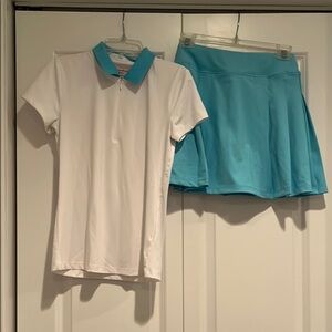 White Polo Shirt and Blue Skirt Set